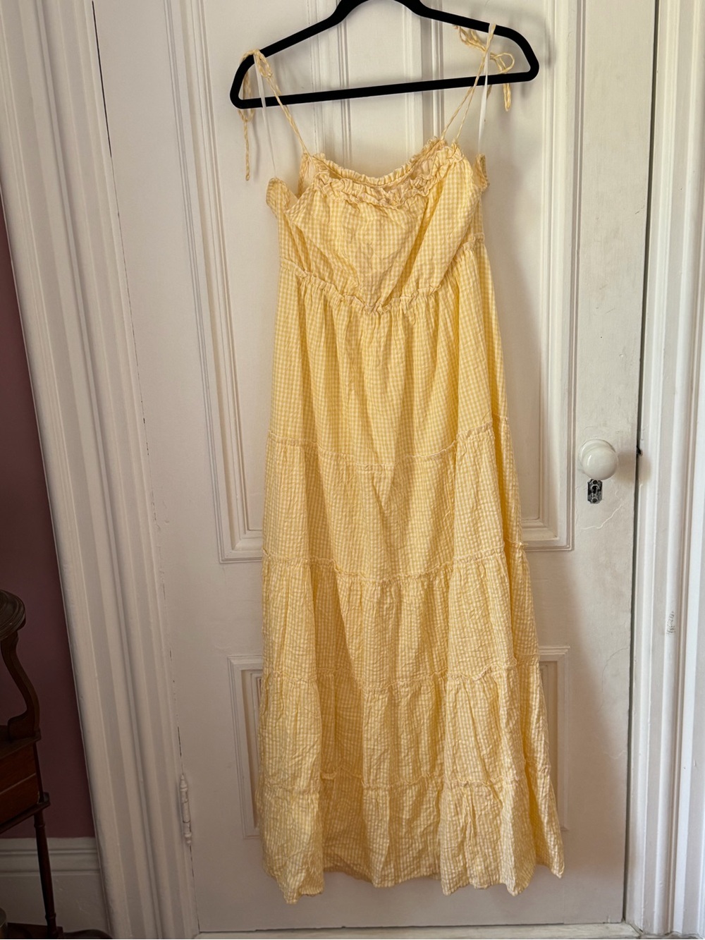 Sim & Sam Yellow Gingham Lined Tiered Skirt Tie Straps Maxi Dress Size XL - Picture 5 of 14